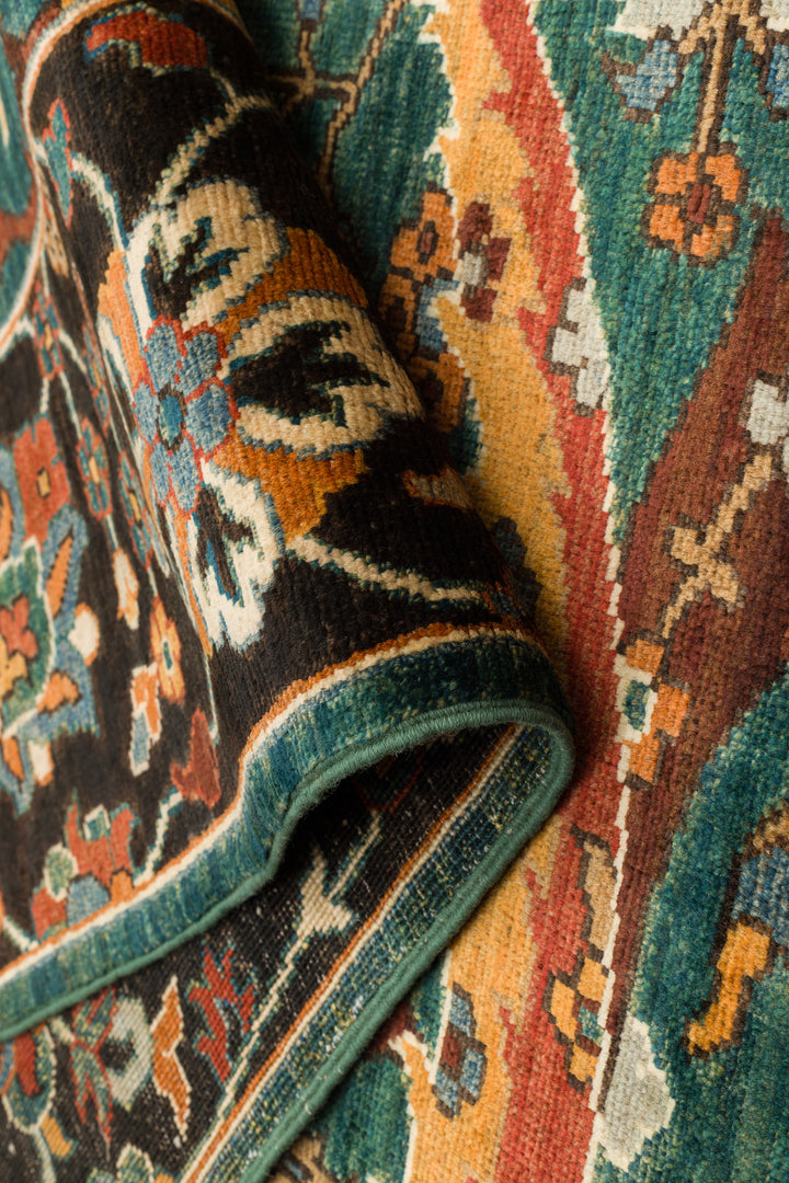 El dokuma Afgan halı koyu yeşil şah abbas i̇ri palmet 271x356 cm rulolu doku detayı