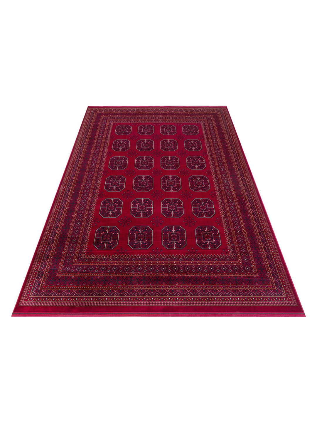 Paghman Series Afghan Patterned Viscose Dense Woven Non-Slip Based Thin Machine-Made Carpet 02 RED
