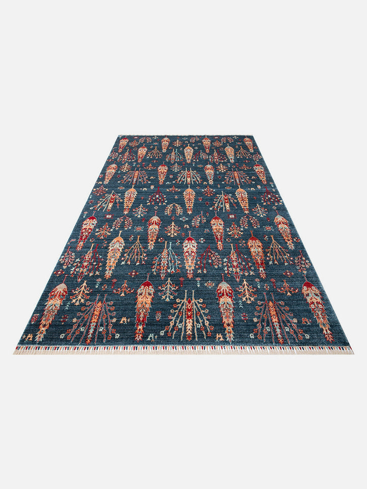Oushak Carnaval %100 Naturel Kolay Temizlenir El Emeğiyle Üretilen TENCEL™ Modern Uşak Halısı 08 NAVY TURQUOISE - Carpetdocia