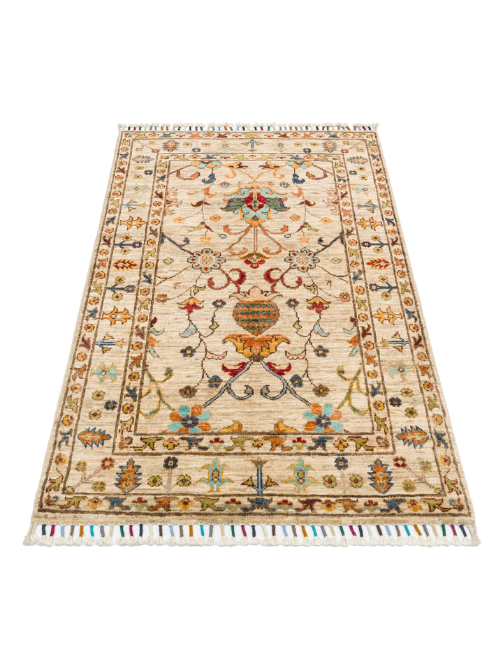 El dokuma Afgan halı krem bitkisel desen 85x125 cm