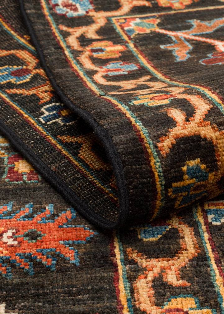 El dokuma Afgan halı antrasit gece bahçesi çiçek 203x299 cm rulolu doku yakın plan