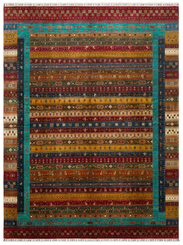 El dokuma Afgan halı çok renkli khorjin çizgili kuşbakışı 277x368 cm