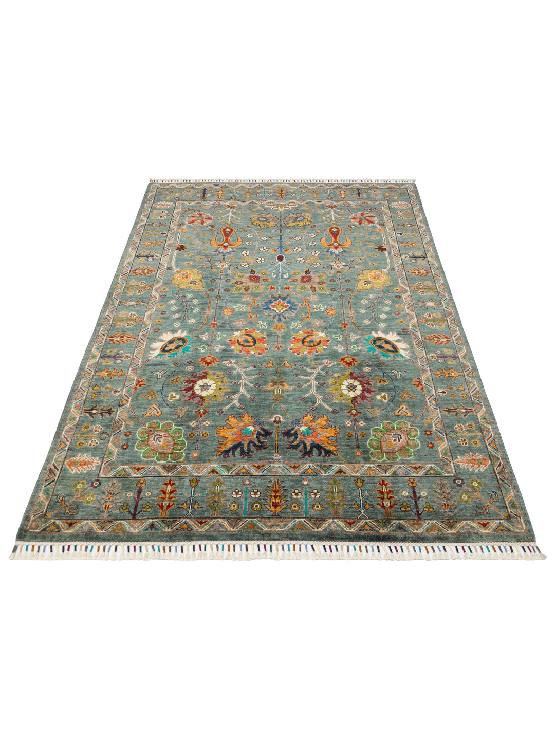 El dokuma Afgan halı yeşil bitkisel desen 154 x 208 cm stüdyo