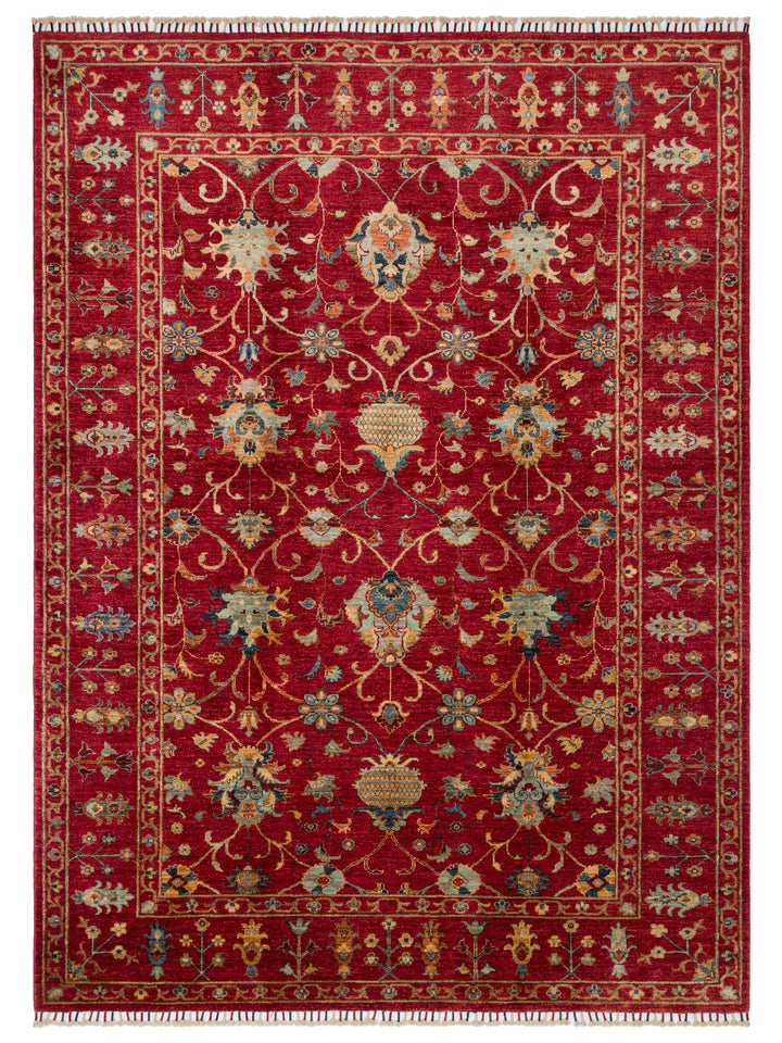 El dokuma Afgan halı kırmızı bitkisel desen 179 x 243 cm kuşbakışı