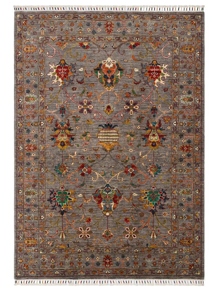 El dokuma Afgan halı gri bitkisel desen 150x209 cm