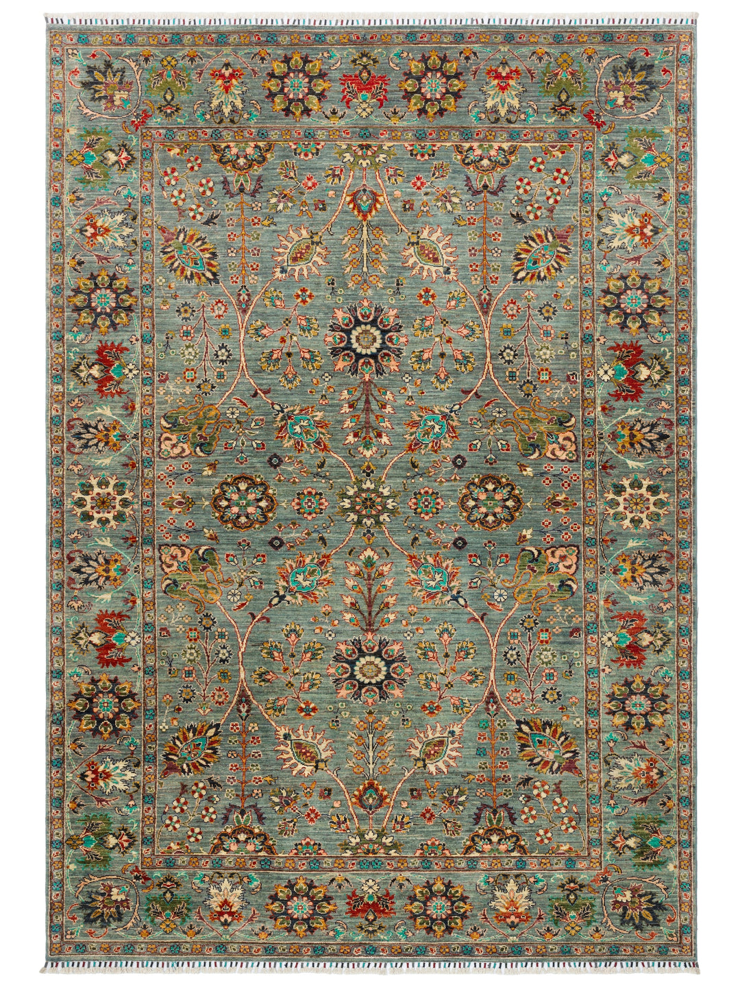 El dokuma Afgan halı petrol mavisi Şah Abbas palmet rozet kuşbakışı 211x306 cm