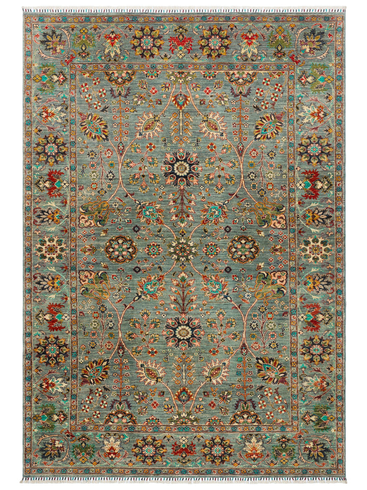 El dokuma Afgan halı petrol mavisi Şah Abbas palmet rozet kuşbakışı 211x306 cm