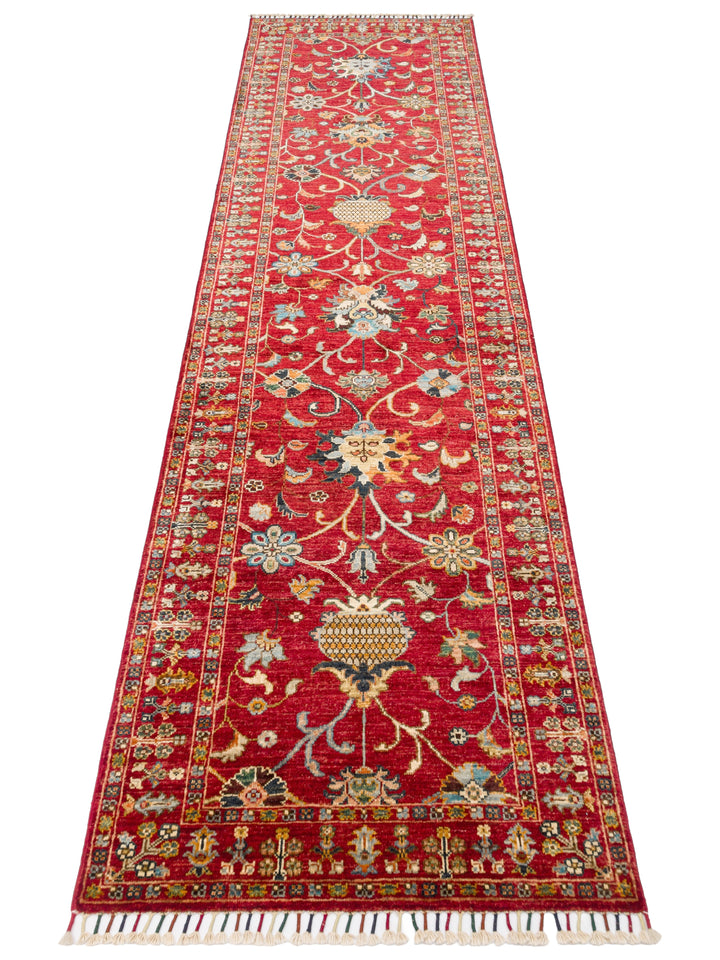 El dokuma Afgan halı kırmızı bitkisel desen 84x289 cm