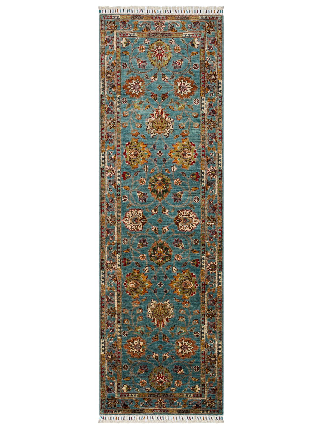 El dokuma Afgan halı petrol mavisi bitkisel desen 85x275 cm