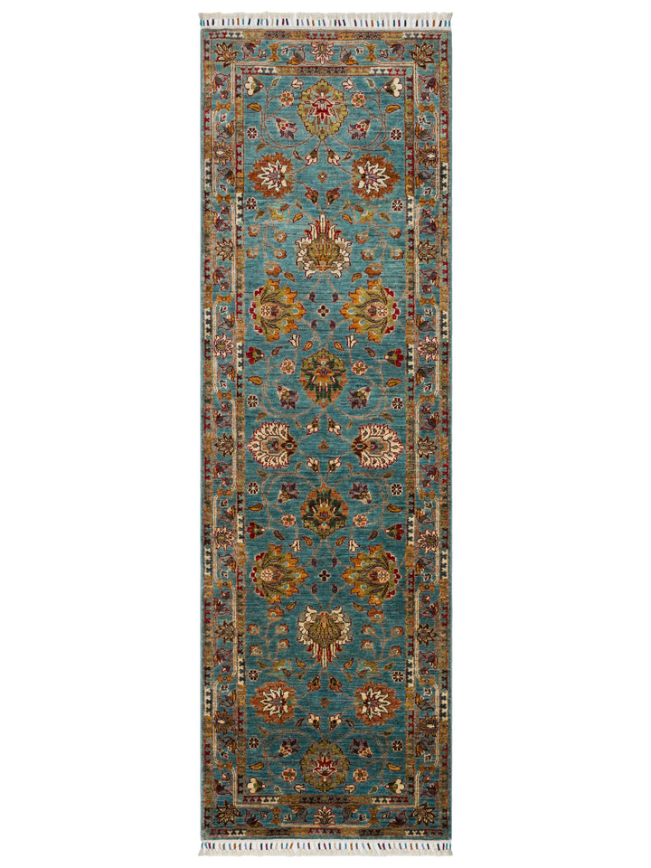El dokuma Afgan halı petrol mavisi bitkisel desen 85x275 cm