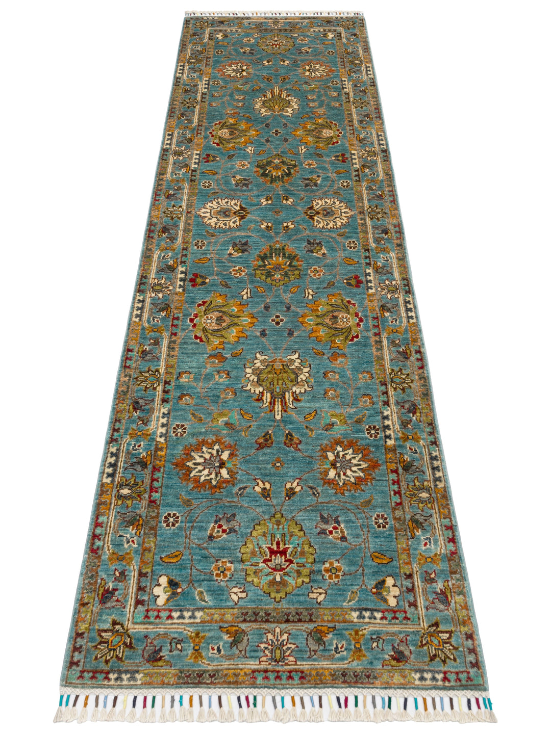 El dokuma Afgan halı petrol mavisi bitkisel desen 85x275 cm