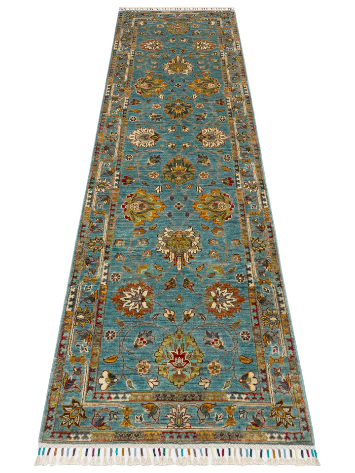El dokuma Afgan halı petrol mavisi bitkisel desen 85x275 cm