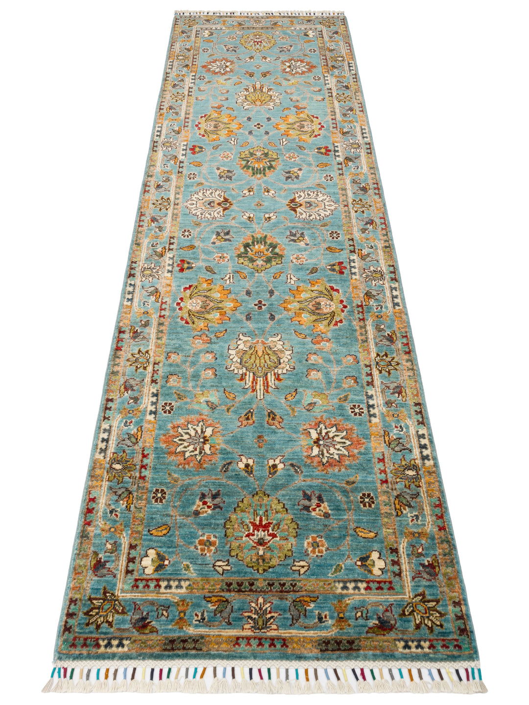 El dokuma Afgan halı petrol mavisi bitkisel desen 85x275 cm