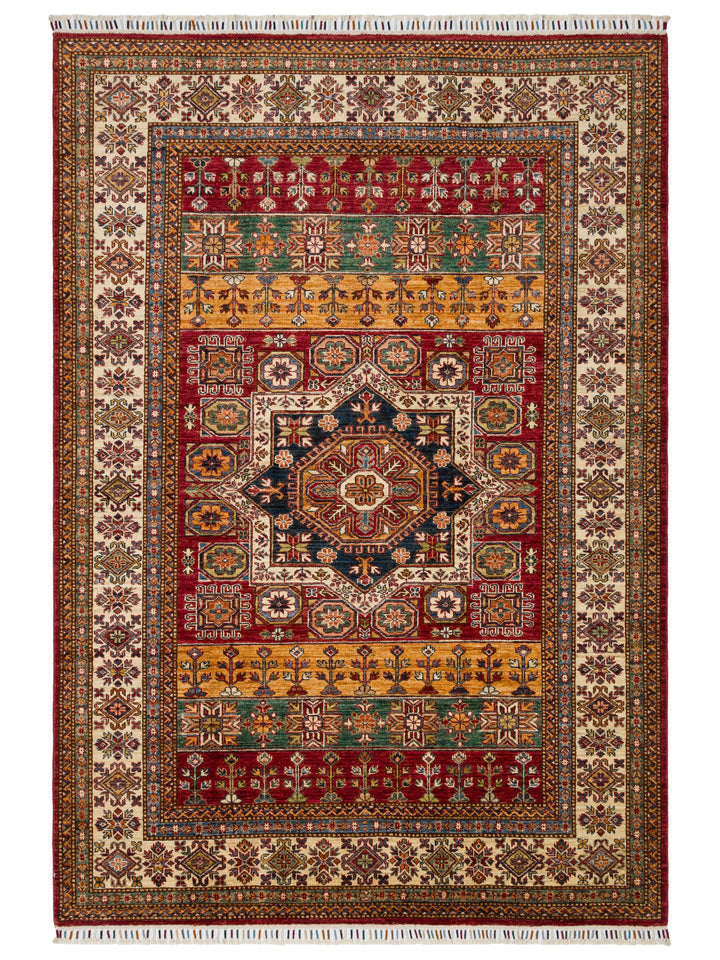 El dokuma Afgan Kazak halı kırmızı geometrik madalyon 171 x 244 cm kuşbakışı