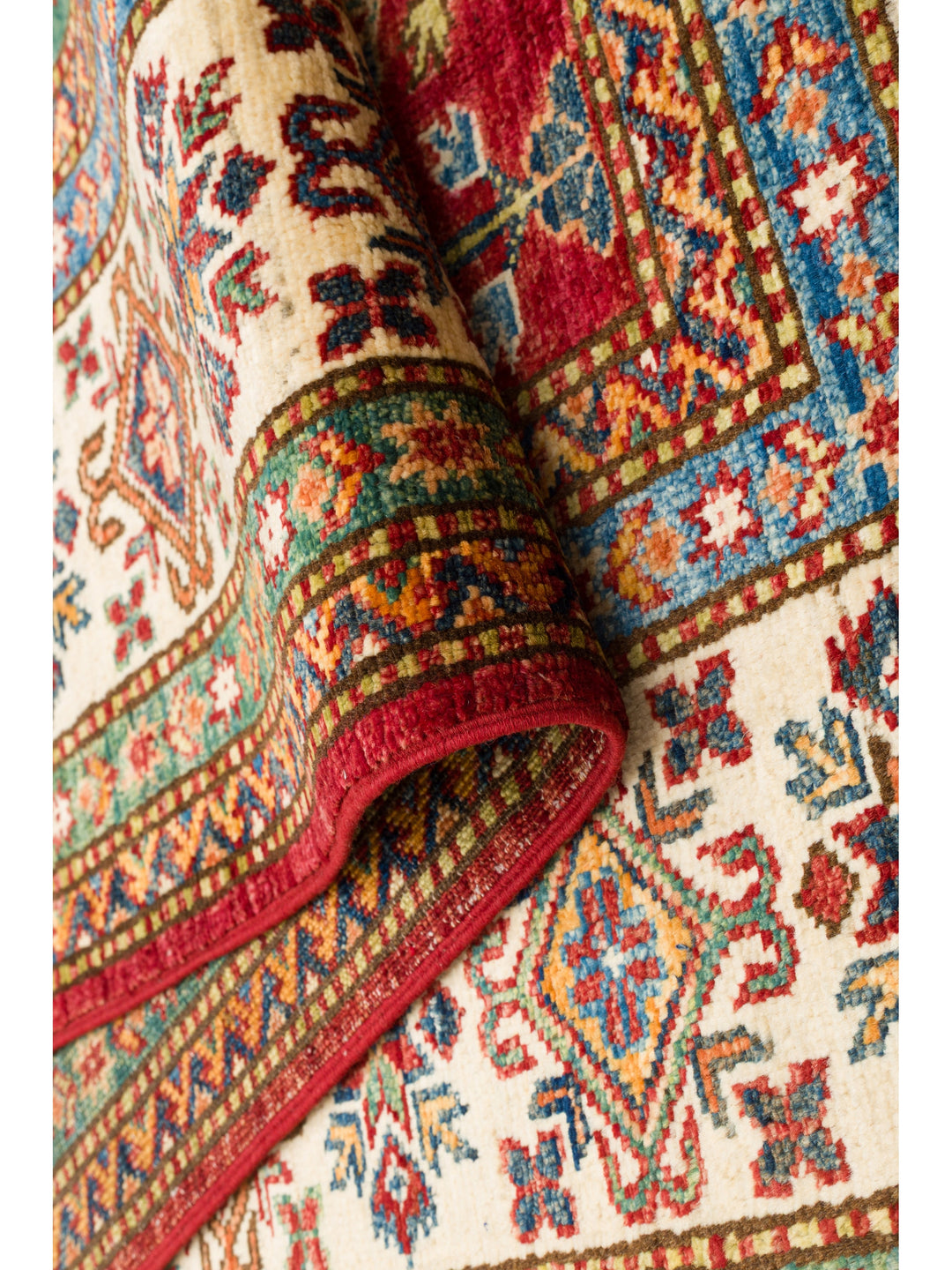 El dokuma Afgan Kazak halı kırmızı geometrik madalyon 171 x 244 cm arka yüz
