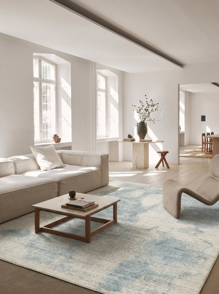 Palette Serie 100% Naturwolle, Viskose, Baumwolle Handgewebter Skandinavischer Teppich für Wohnzimmer, Salon BEIGE BLAU